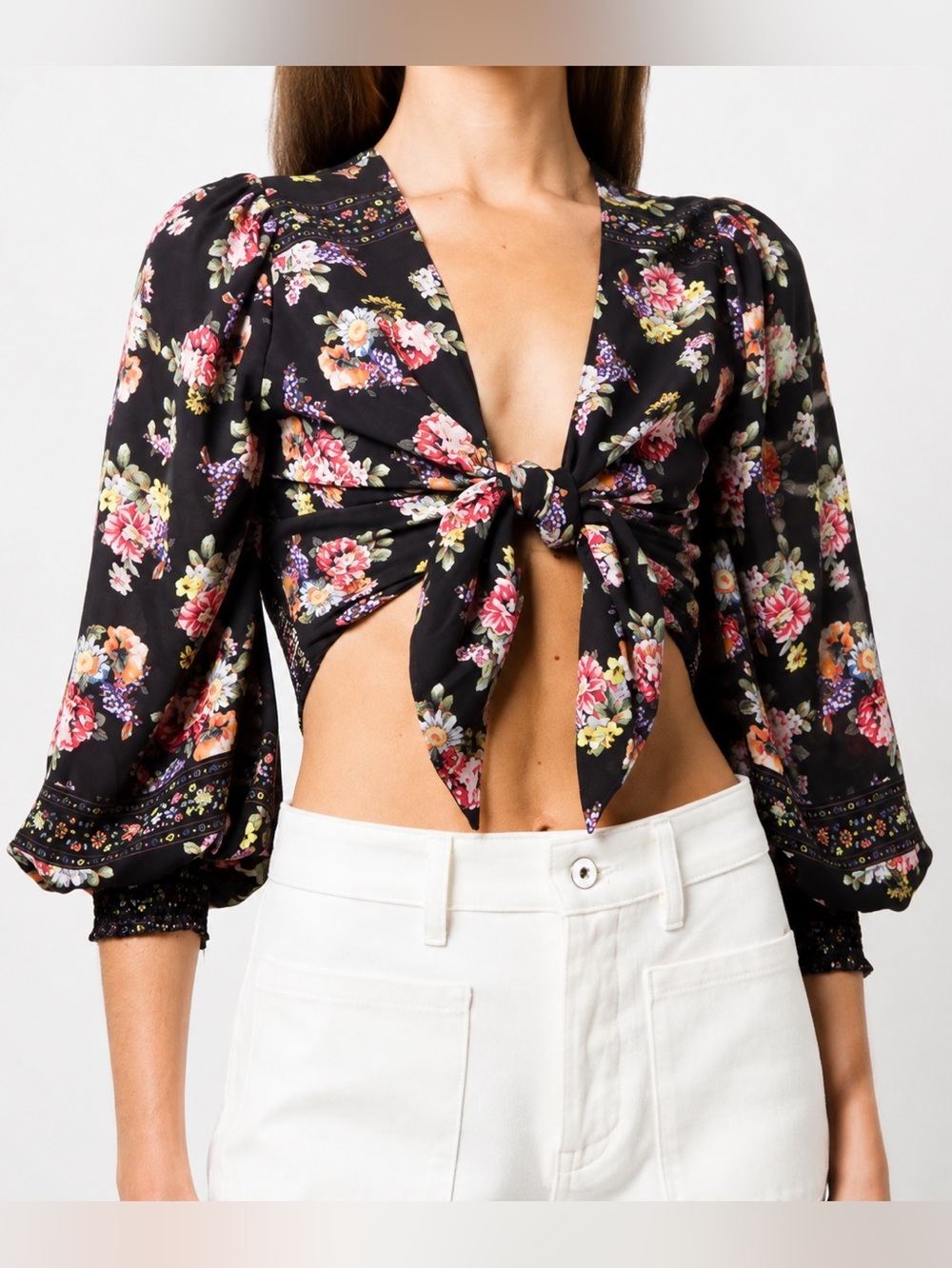 Alice +‎ Olivia Floral Tie Front Smocked Back Long Sleeve Blouse XS
